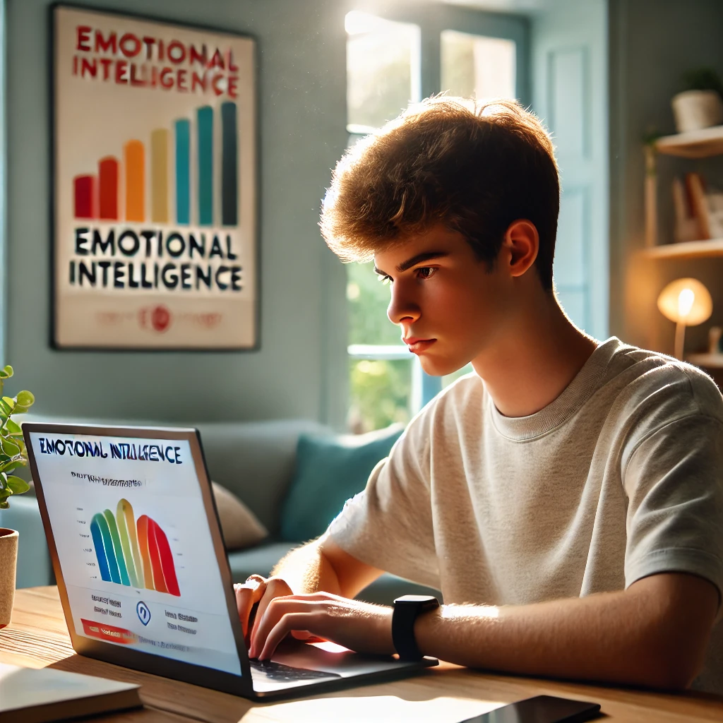 DALL·E 2024 10 15 15.28.04 A Focused Scene Showing A Single Teenager Taking An Online Emotional Intelligence EQ Test On A Laptop. The Teenager Is Seated At A Desk In A Bright